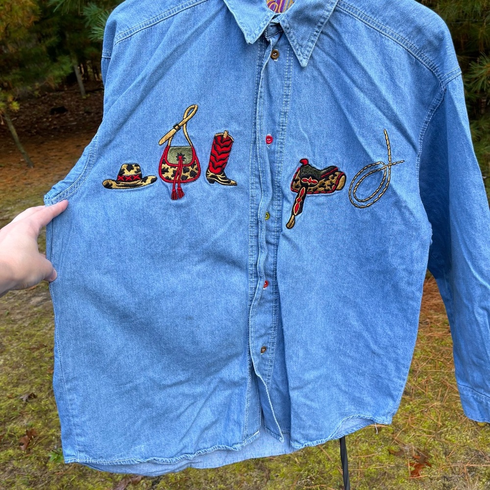 80s Groupy Western Denim Button-Up Shirt Size M Cowboy - Picture 10 of 14